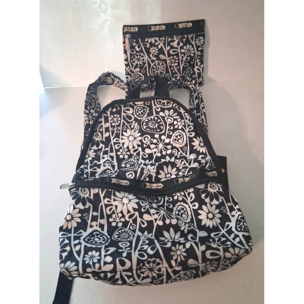 Rare VTG LeSportsac 15" Backpack with zip Pouch Bold Black & White Floral